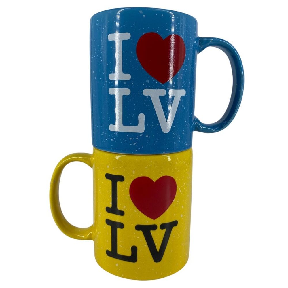 I HEART LV MUGS Blue Yellow Speckle LOVE Ceramic Coffee Tea Cocoa Las Vegas Mug